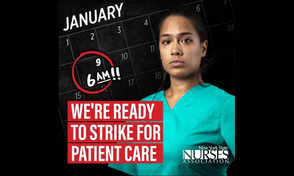 ICU nurse Michelle Gonzales in scrubs and the text "We're ready to strike for Patient Care"