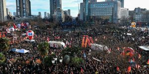 High-angle view of protests in France on January 31 against President Macron's pension reforms.