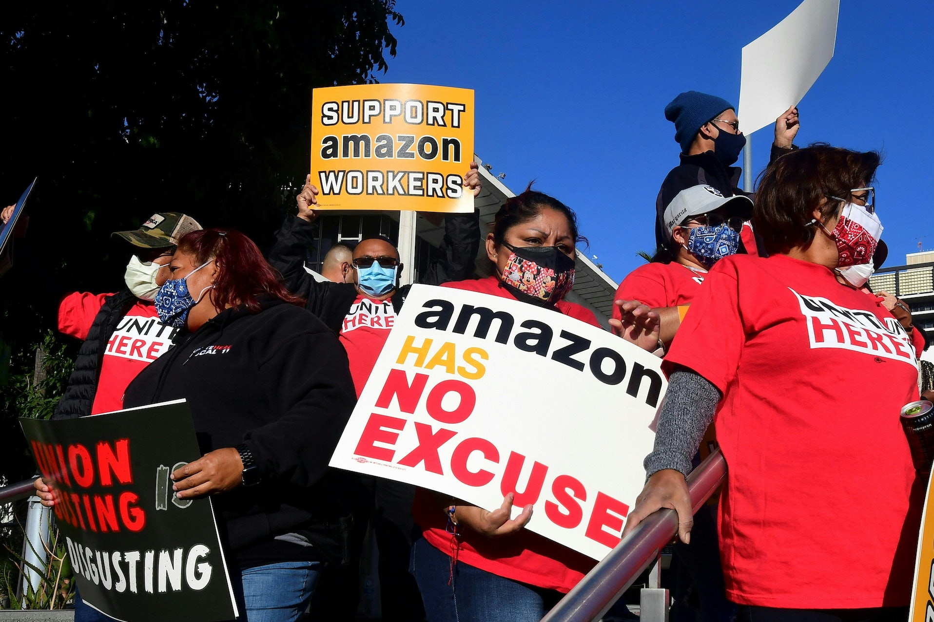 Amazon workers protesting the company's union busting.