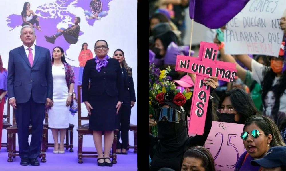 Mexican president AMLO on the left with the female members of his cabinet. International Women's Day protesters on the right.