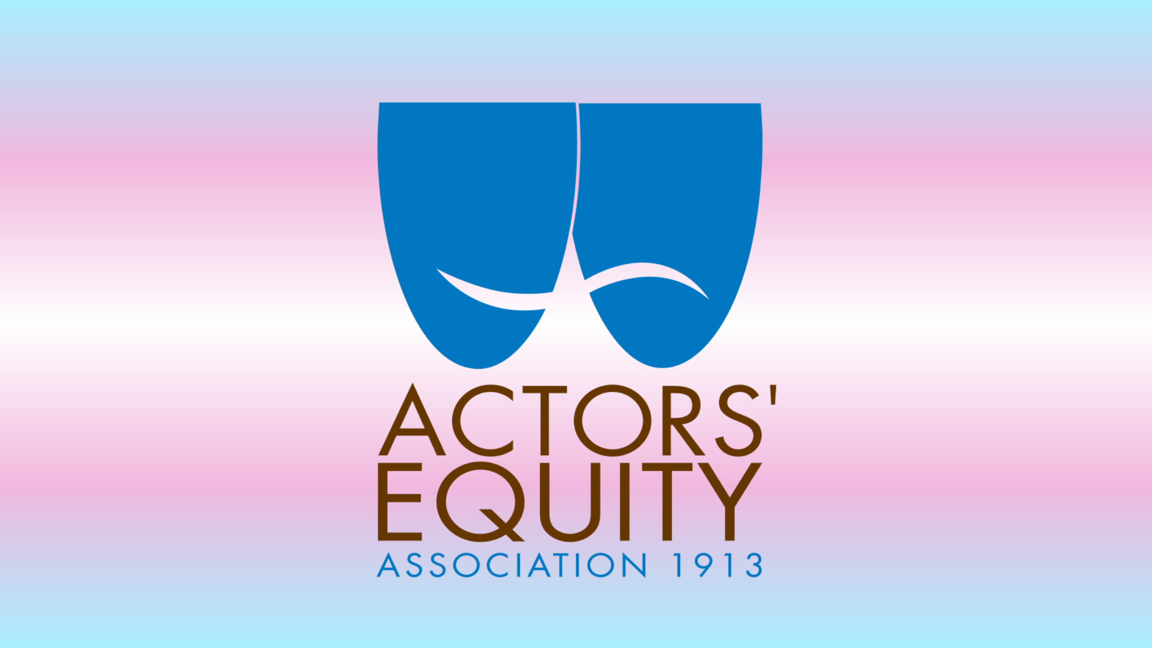 The Actors Equity Association logo superimposed on a background of the trans flag colors