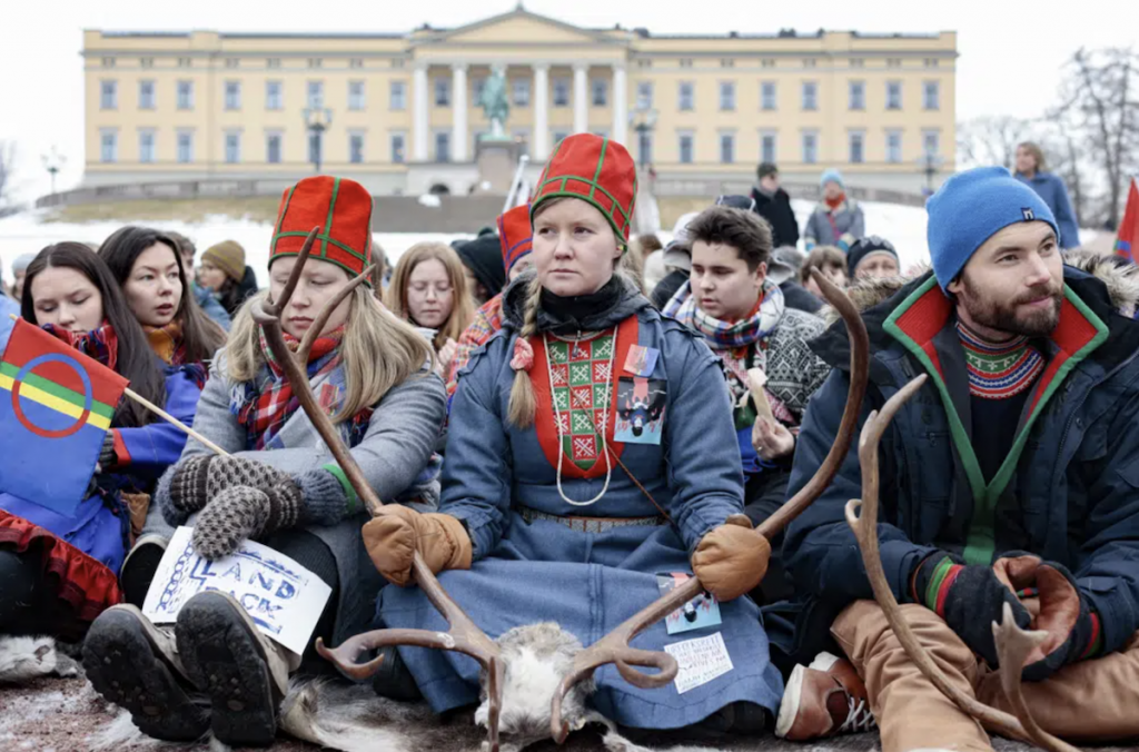 Sami protesters in Norway protest the construction of wind turbines on their land.