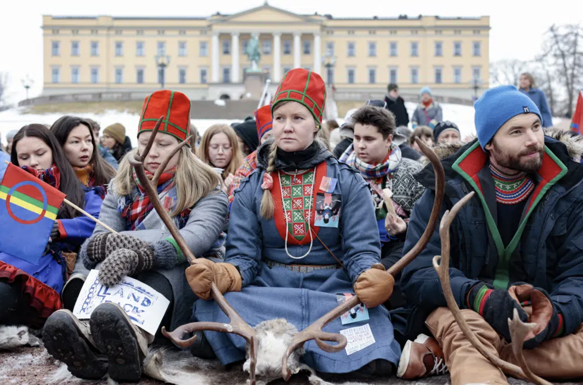 Sami protesters in Norway protest the construction of wind turbines on their land.