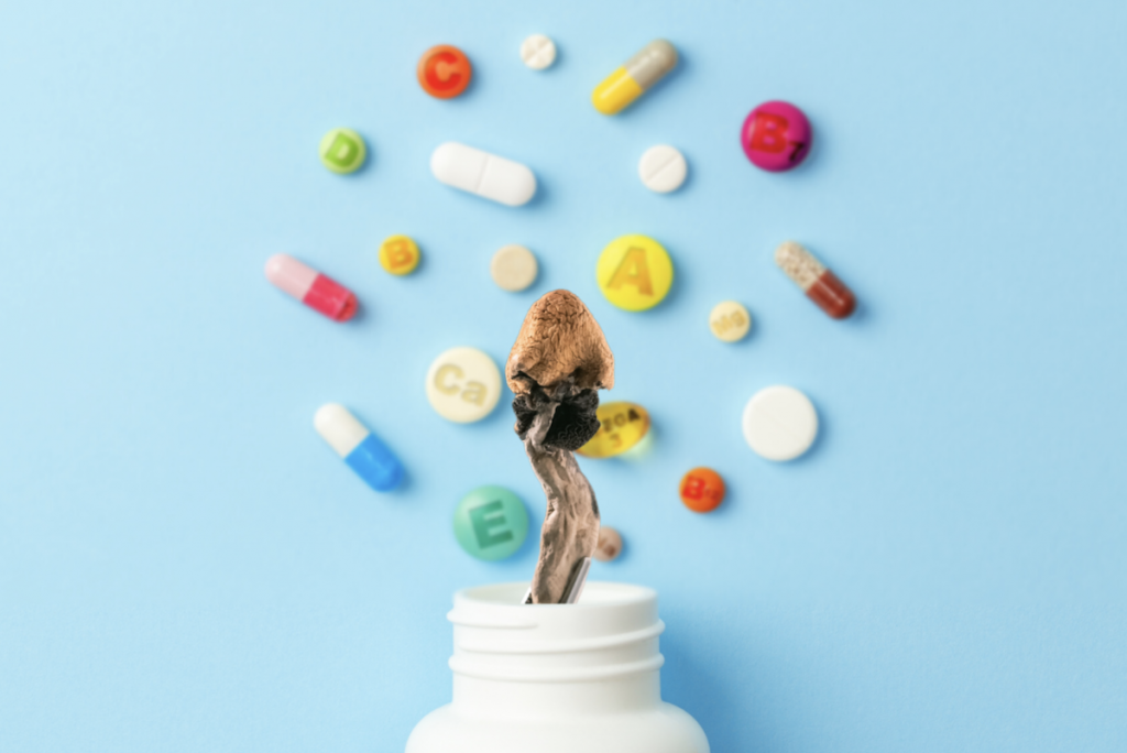 Illustraiton of a pill bottle with a mushroom growing out, surrounded by pills.