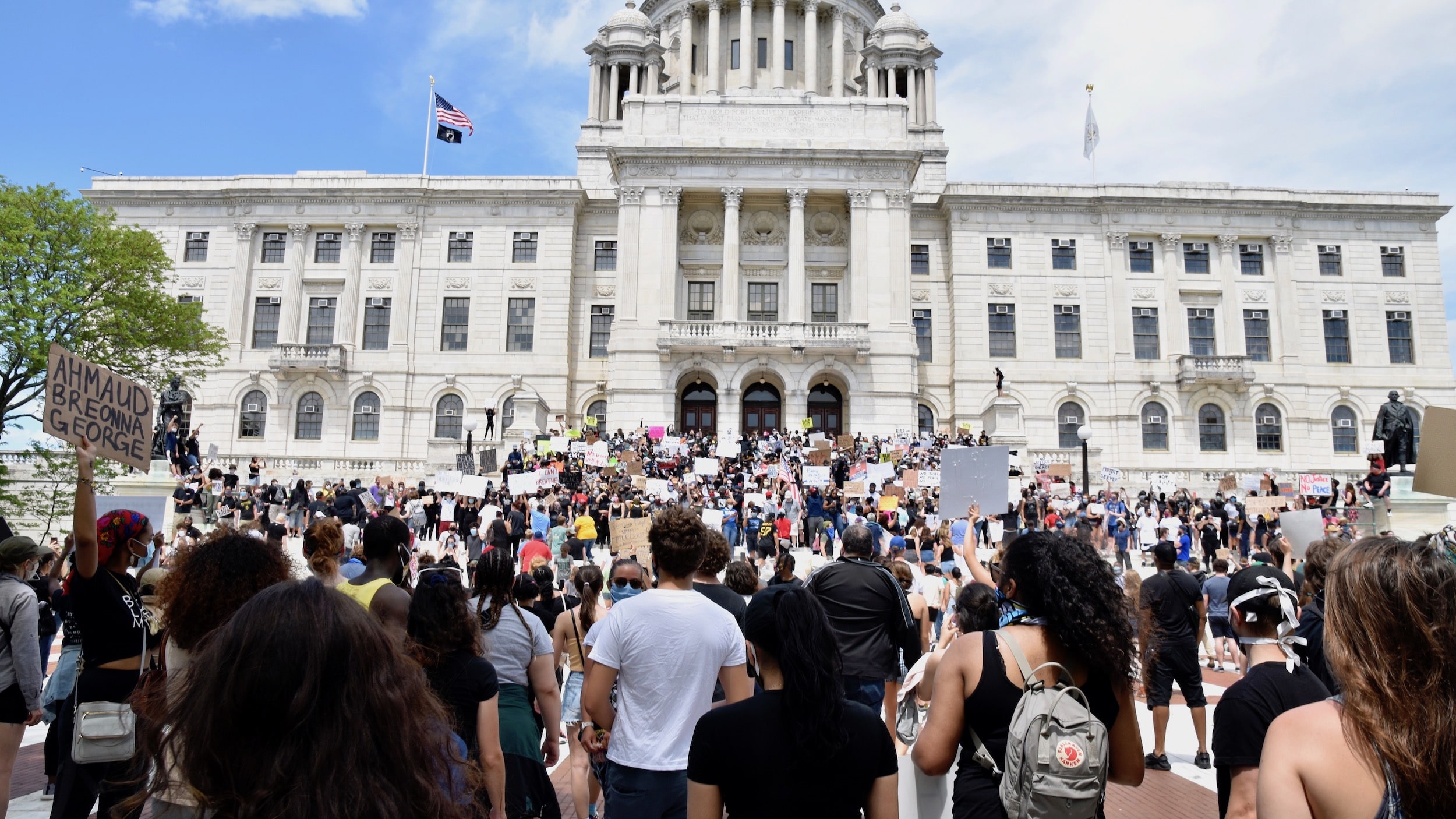Protesters in Providence, Rhode Island in front of the state legislature during the 2020 George Floyd protests.