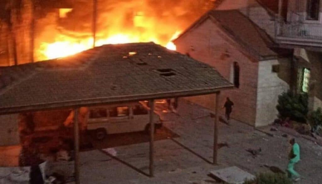 Al-Ahli Baptist Hospital in Gaza City, Gaza on fire after Israeli attacks on October 17, 2023.