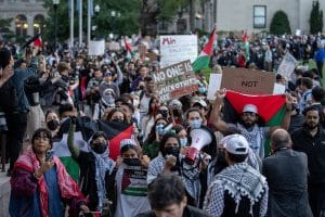 Pro-Palestinian students take part in a protest in support of the Palestinians amid the ongoing conflict in Gaza, at Columbia University in New York City, U.S., October 12, 2023.