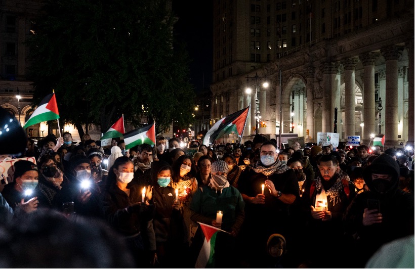 New York healthcare workers hold a rally and vigil for Palestine in November 2023 during the siege on Gaza.