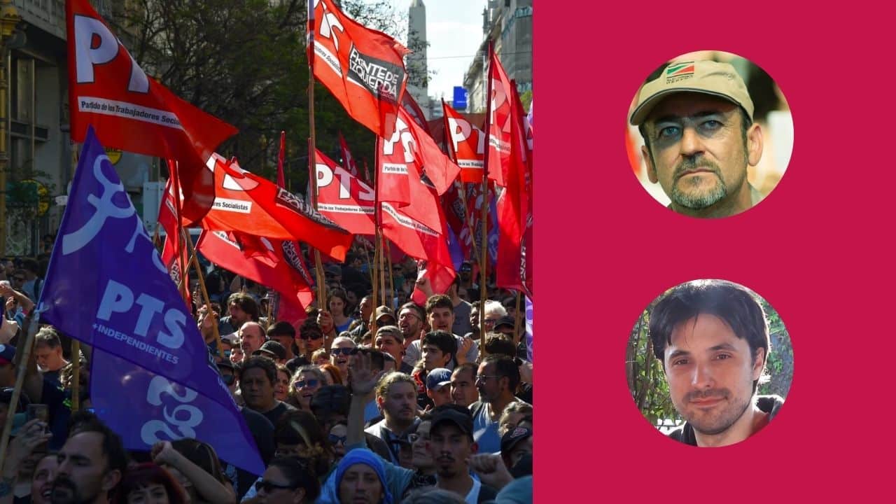 Image of Argentina's PTS at a protest (left) and PTS leaders Raul Godoy and Fer Scolnik.