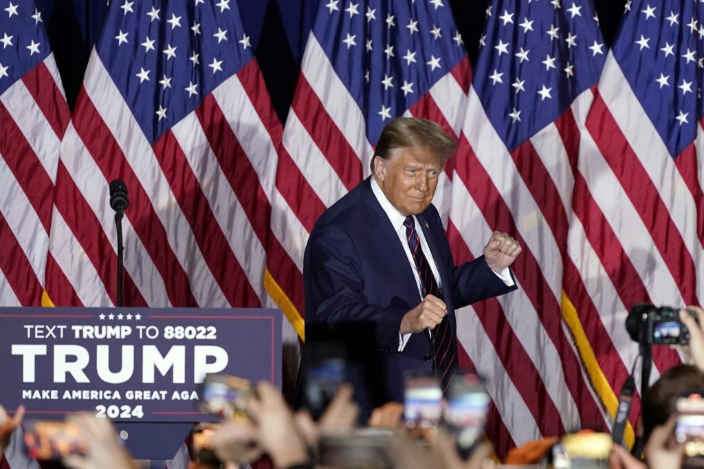 Republican presidential candidate former President Donald Trump arrives to speak at a primary election night party in Nashua, N.H., Tuesday, Jan. 23, 2024.