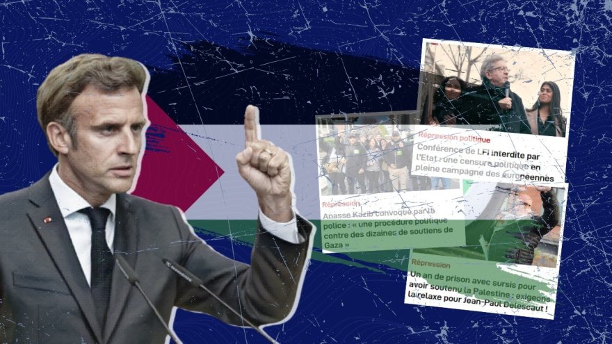 A mash-up of Macron over a palestinian flag and articles detailing the rising repression