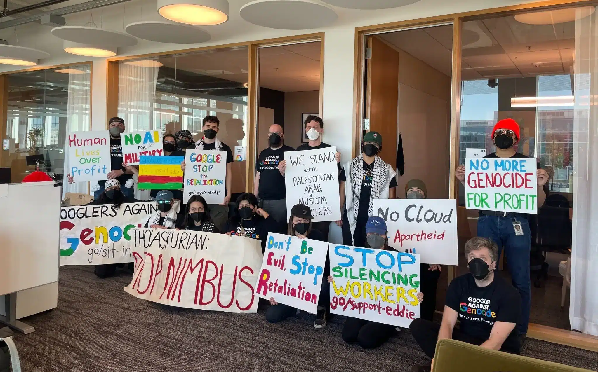 Google employees staging a sit-in against the company's role in providing technology for the Israeli Defense Forces. The company then fired 28 employees.